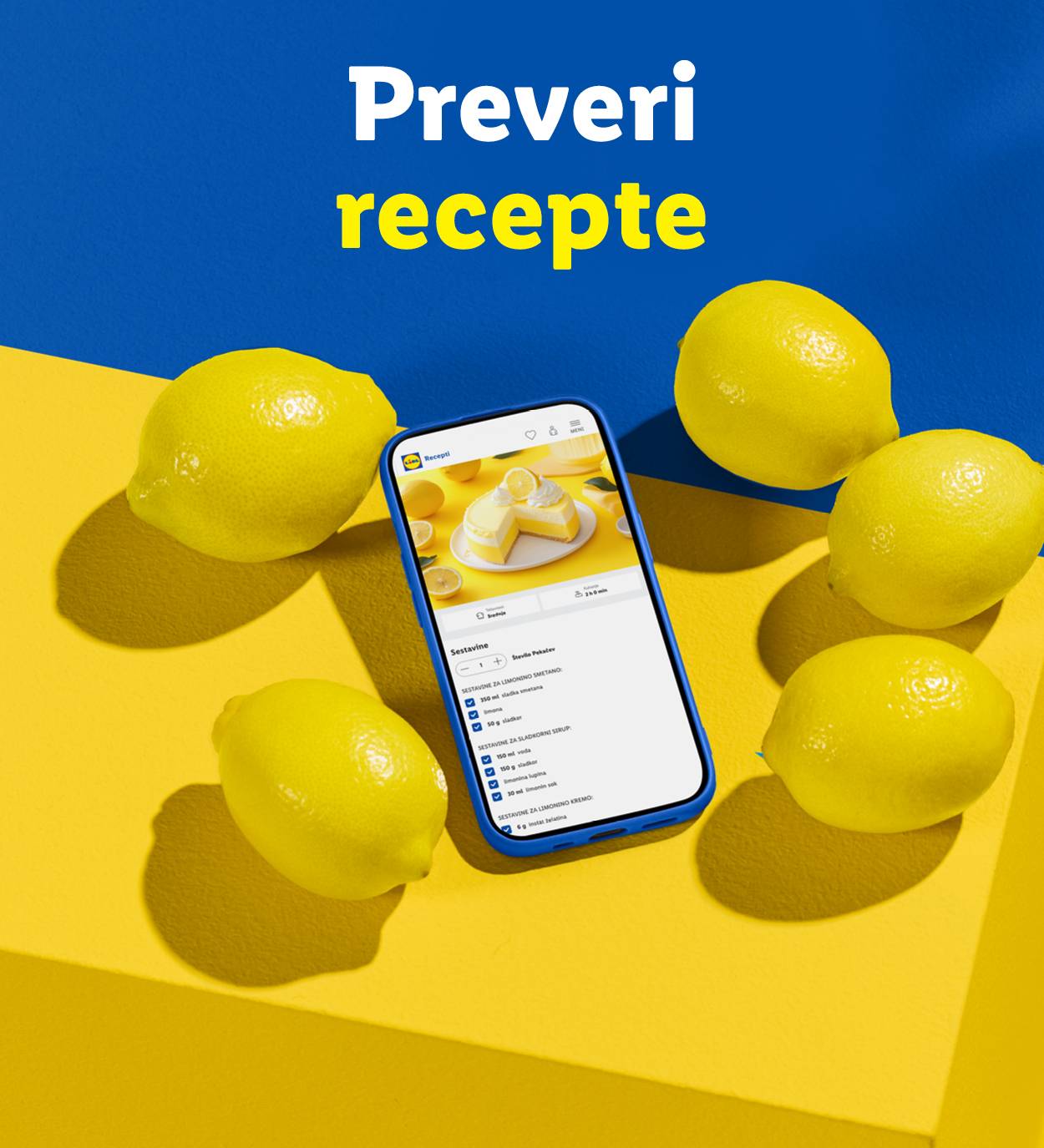 Lidl-ova aplikacija s receptom za limonino torto na rumenem ozadju z limono.