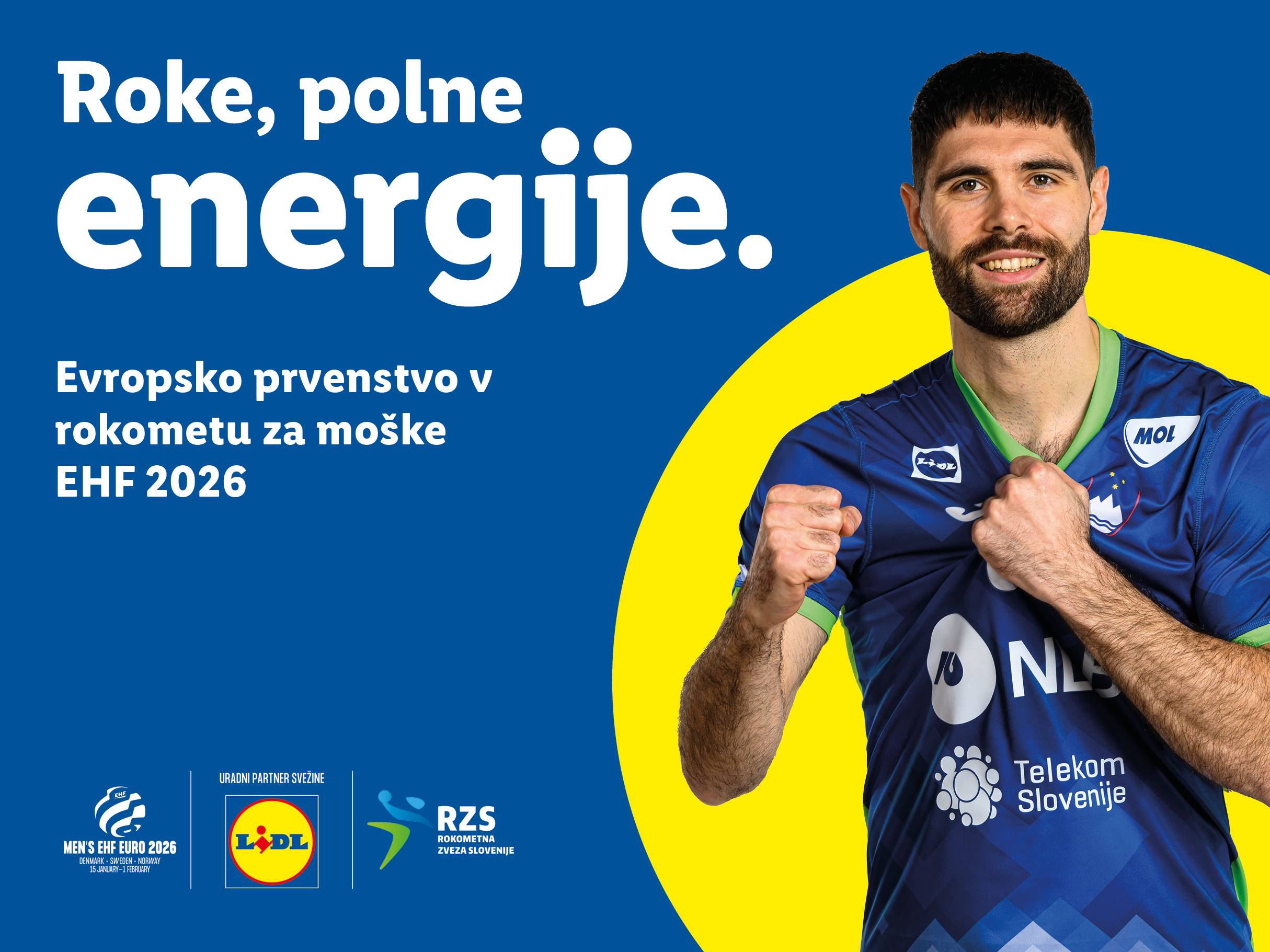Moški rokometaš v dresu, z napisom 'Roke, polne energije' in logotipom Lidl.