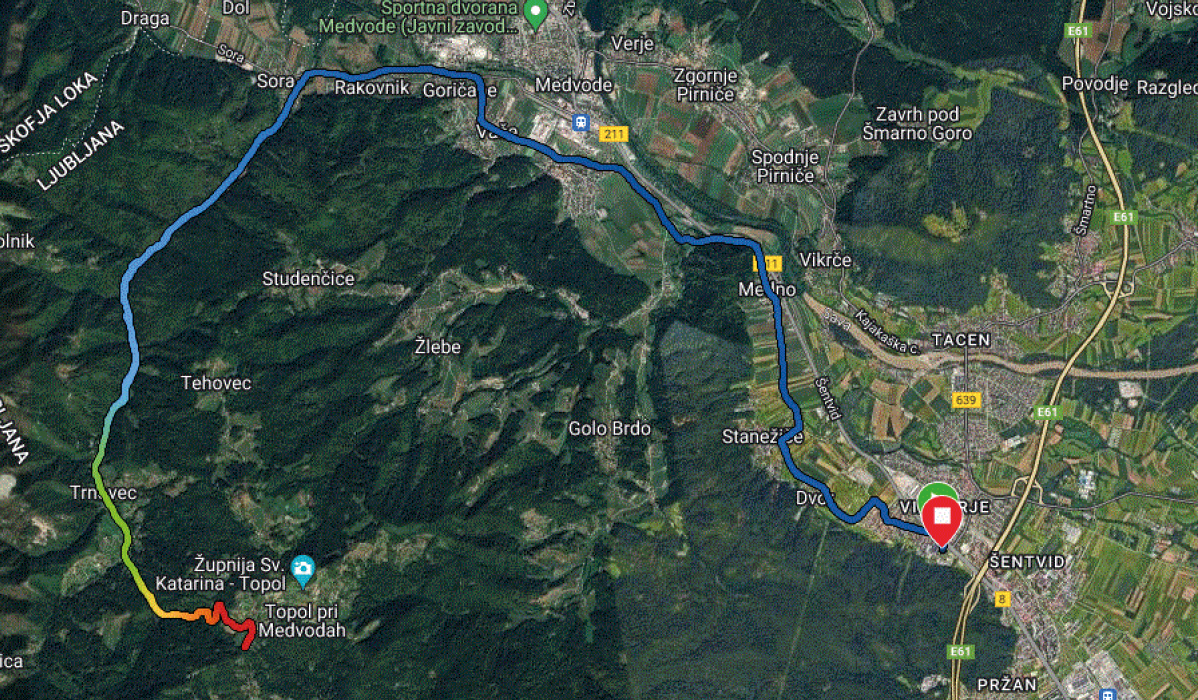 Cestni zemljevid: pot iz Ljubljane v Šentvid, Slovenija.