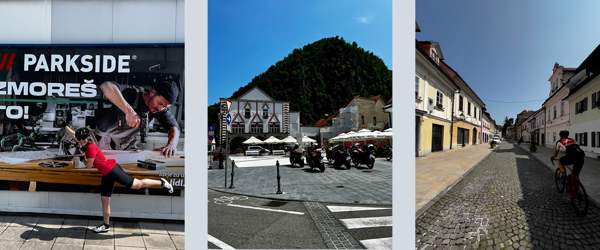 Orodje Parkside, motorji, kolesar v srednjeveškem mestu.