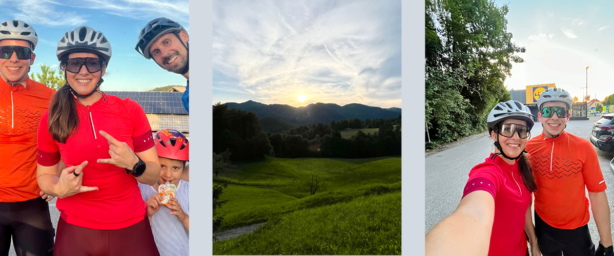 Kolesarska družina na izletu, čelade in sončna očala.