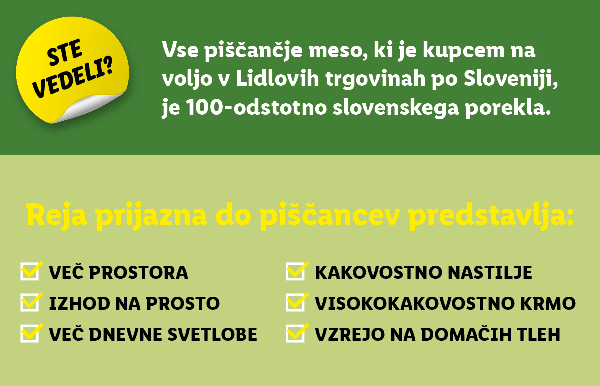 Lidl piščančje meso: etična reja, slovenskega izvora.