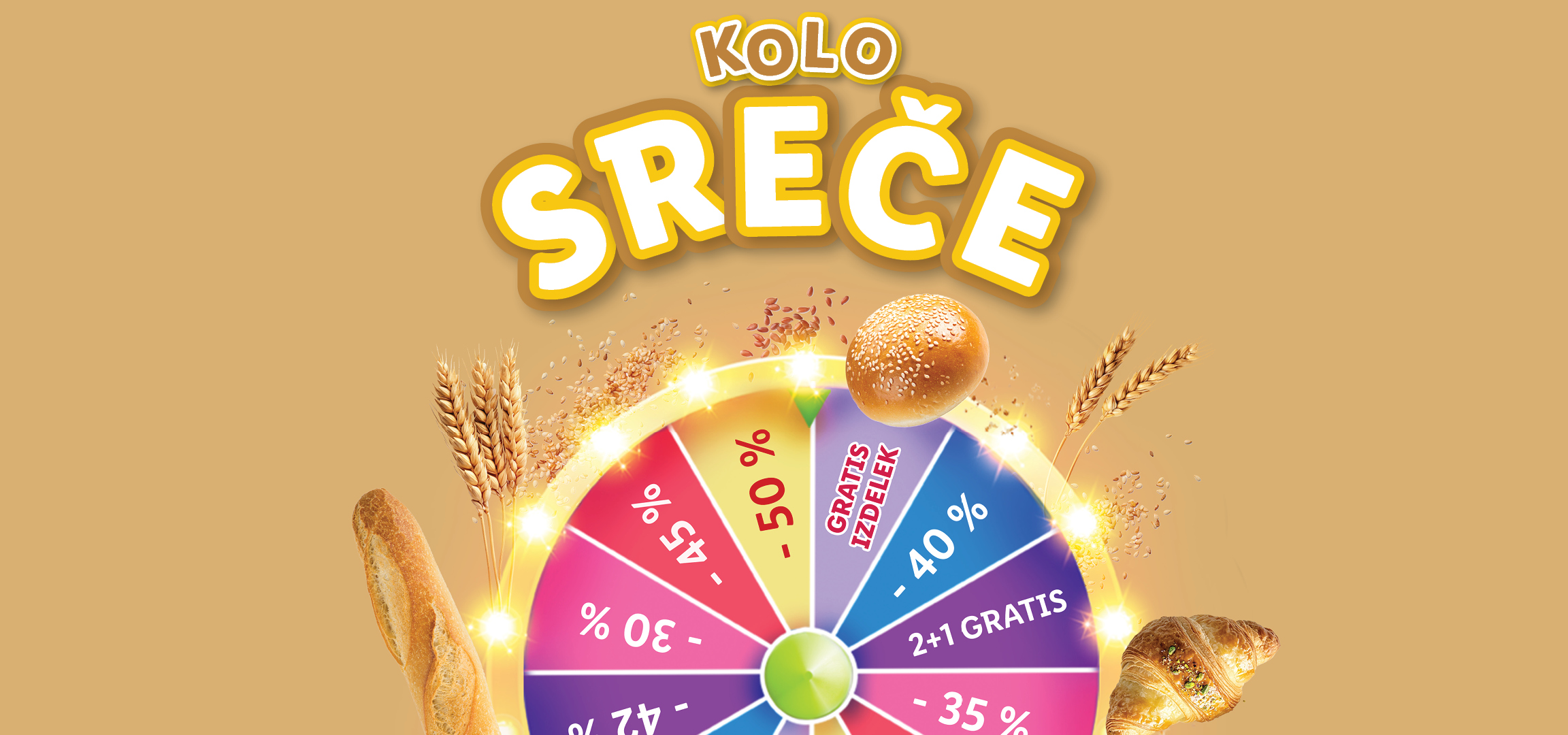 Kolo sreče z različnimi popusti in ponudbami za pekovske izdelke, kot so kruh, žemljice in rogljički.