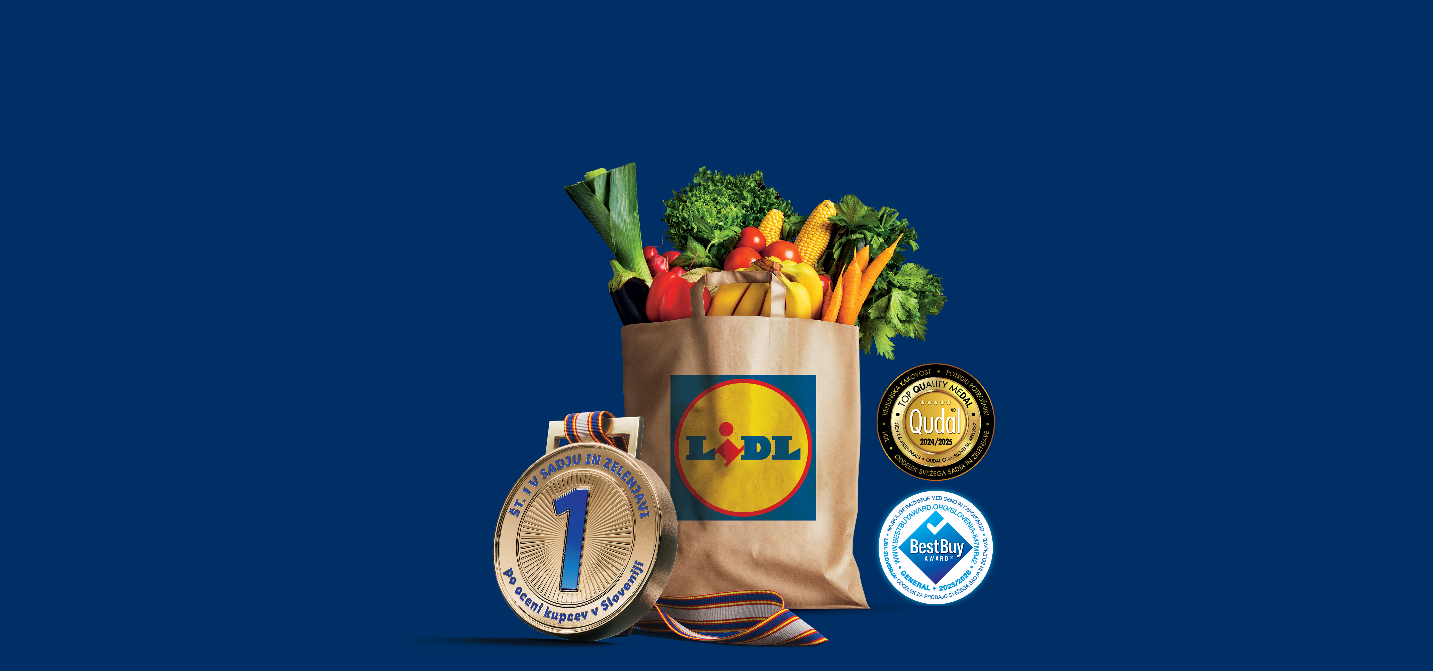 Lidl papirnata vrečka s svežim sadjem in zelenjavo, medalja in nagrade.