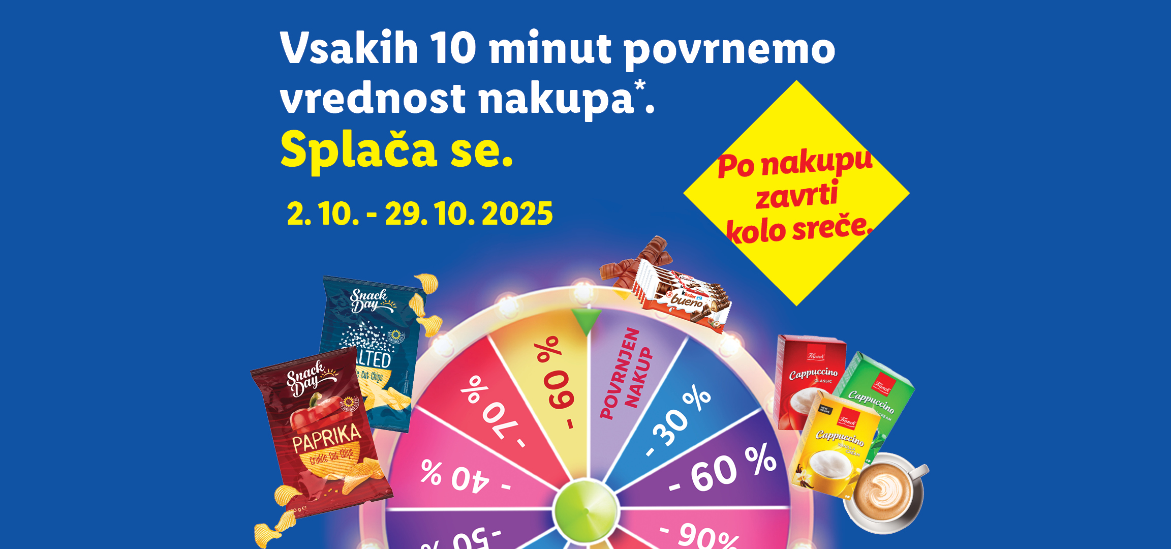 Lidl oglas z igro sreče, ki ponuja vračilo denarja, s čipsom Snack Day, Kinder Bueno in kapučinom.