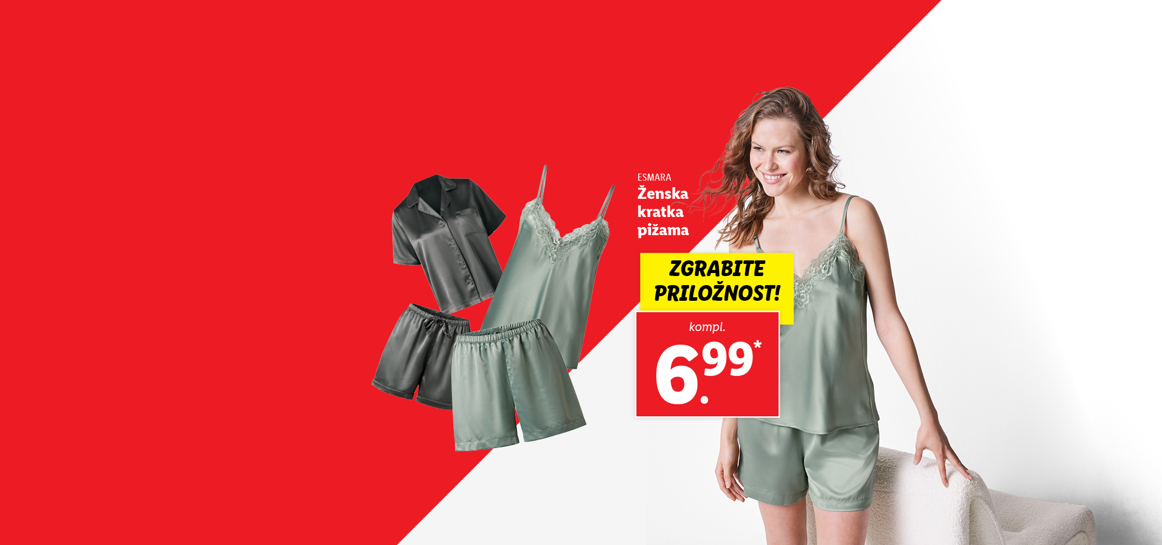 Ženska kratka pižama iz satena v dveh barvah, s ceno 6,99.