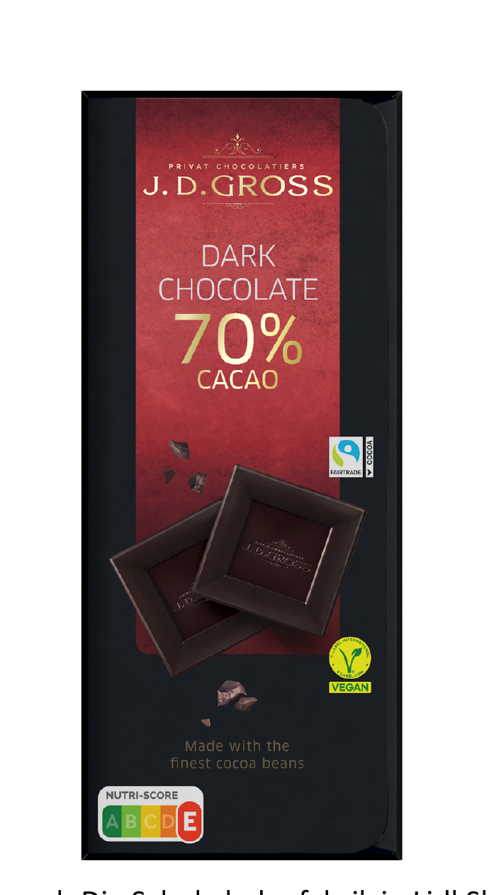 Embalaža temne čokolade J. D. Gross s 70 % kakava, oznako Fairtrade, veganskim certifikatom in oceno Nutri-Score E.