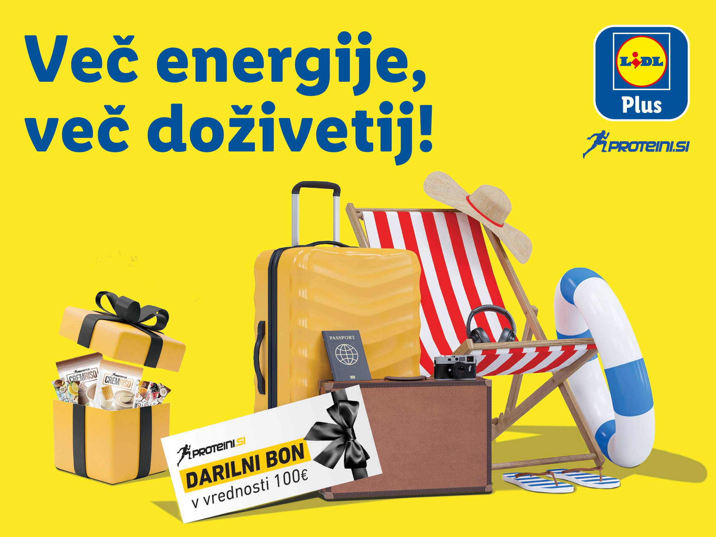 Lidl Plus promocija s Proteini.si darilnim bonom za 100€ in potovalno tematiko.