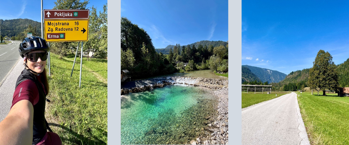 Kolesarjenje, alpska pokrajina in turkizna reka.