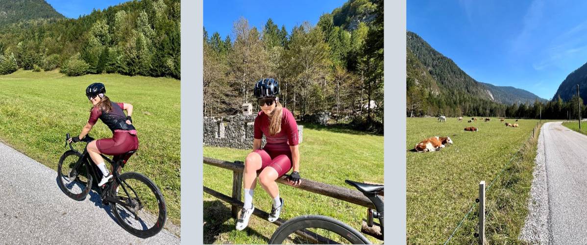 Kolesarjenje, bordo kolesarska oprema, cestno kolo in krave v idilični pokrajini.