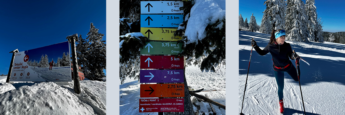 Rogla smučarske tekaške table in tekačica.