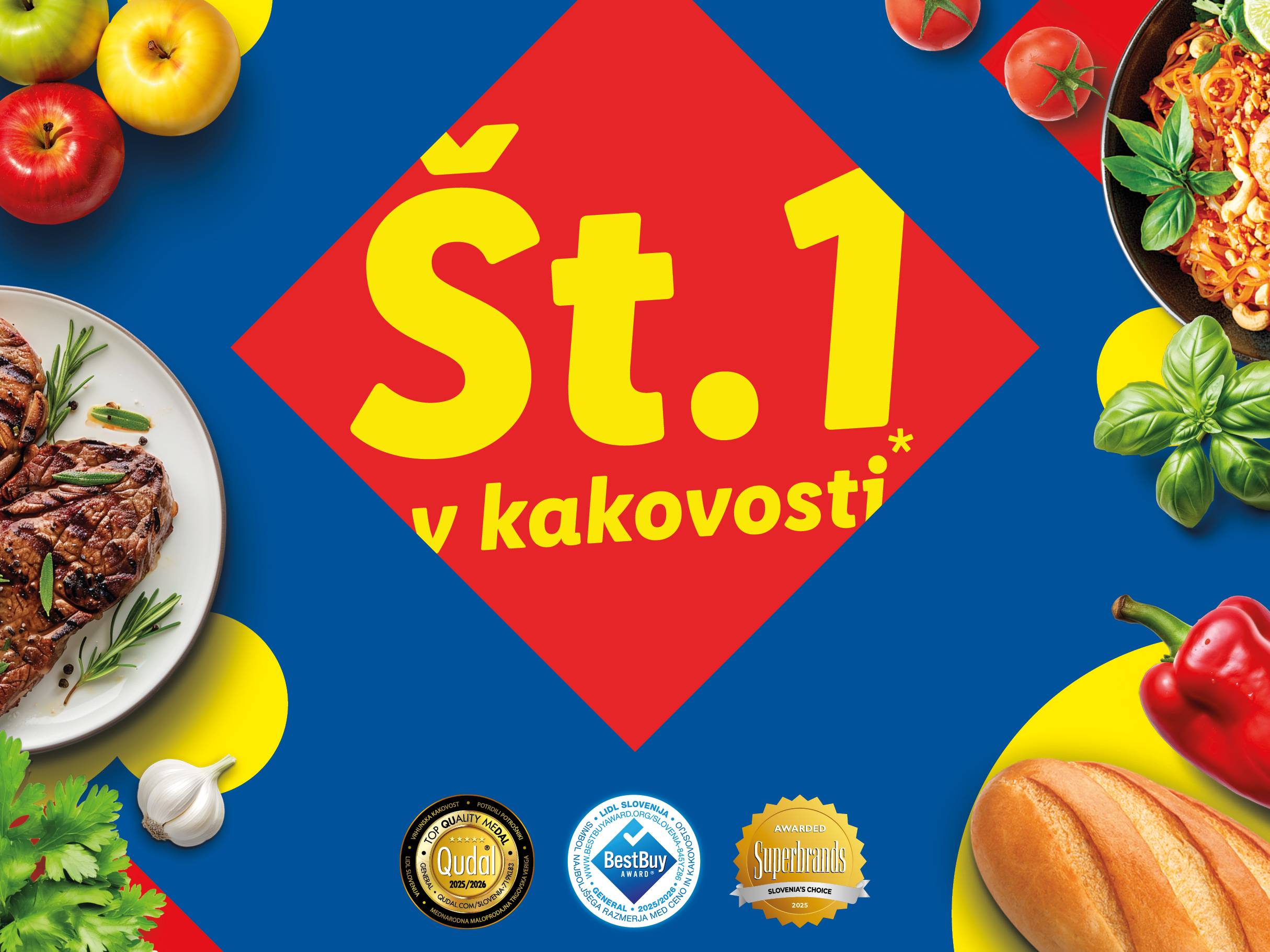 Oglasi za živila, vključno z mesom, jabolki, paradižnikom in kruhom, z napisom 'Št. 1 v kakovosti'.
