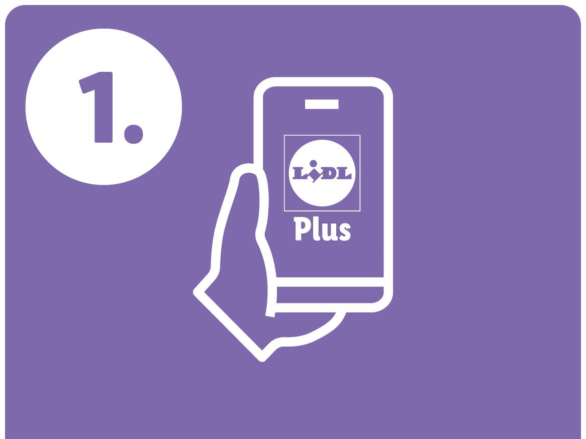 Ilustracija roke, ki drži pametni telefon z aplikacijo Lidl Plus.
