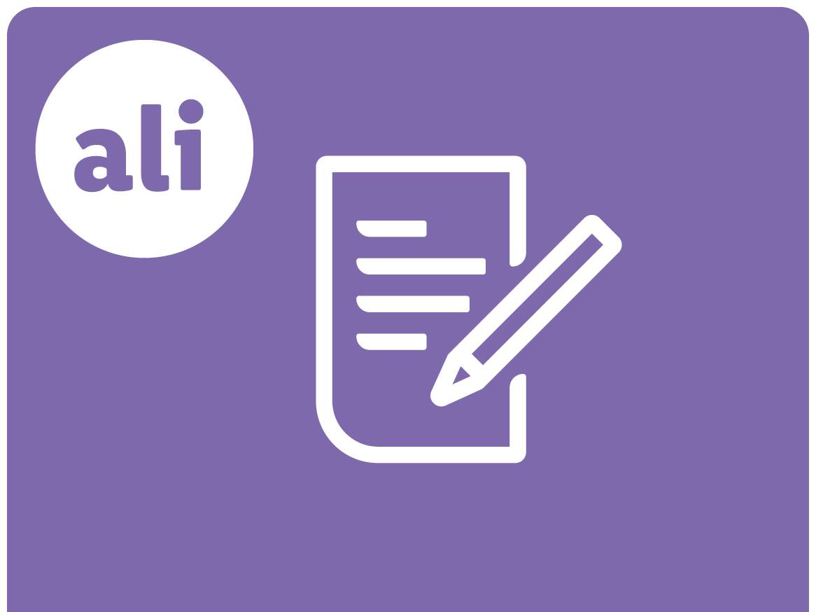 Logotip z besedo »ali« in ikona dokumenta s svinčnikom.