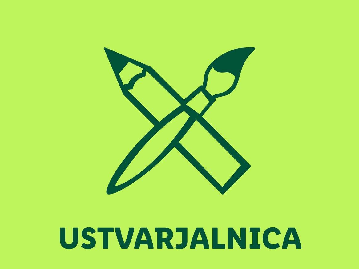 Logotip s prekrižanim svinčnikom in čopičem ter napisom UTVARJALNICA.