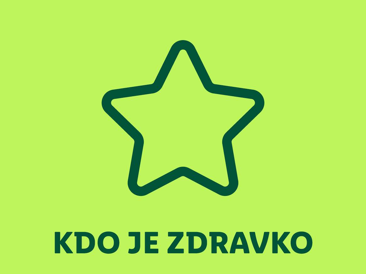 Zelena zvezda na svetlo zelenem ozadju z besedilom 'KDO JE ZDRAVKO' spodaj.