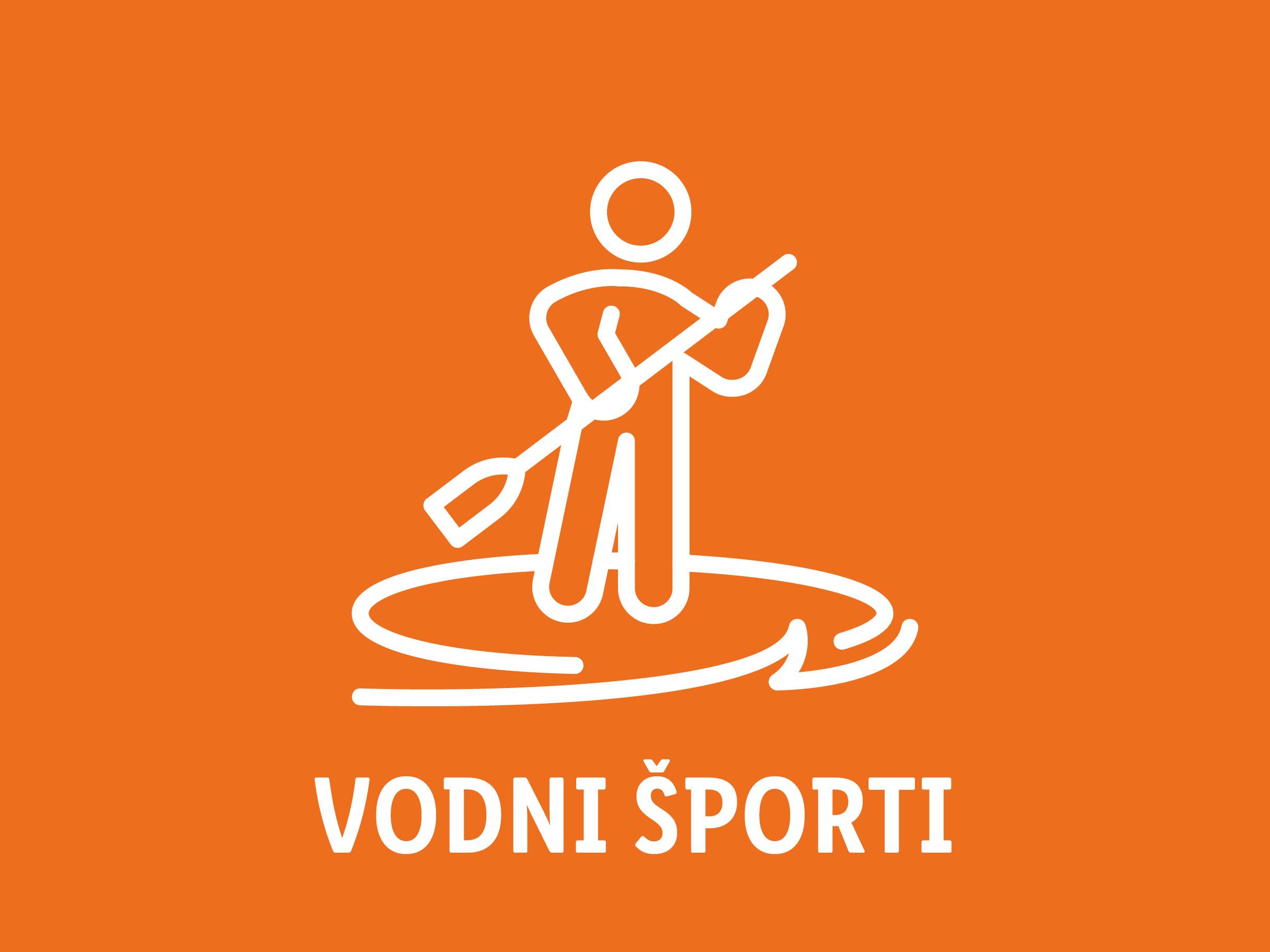 Ikona za vodne športe s stoječim veslačem in napisom.