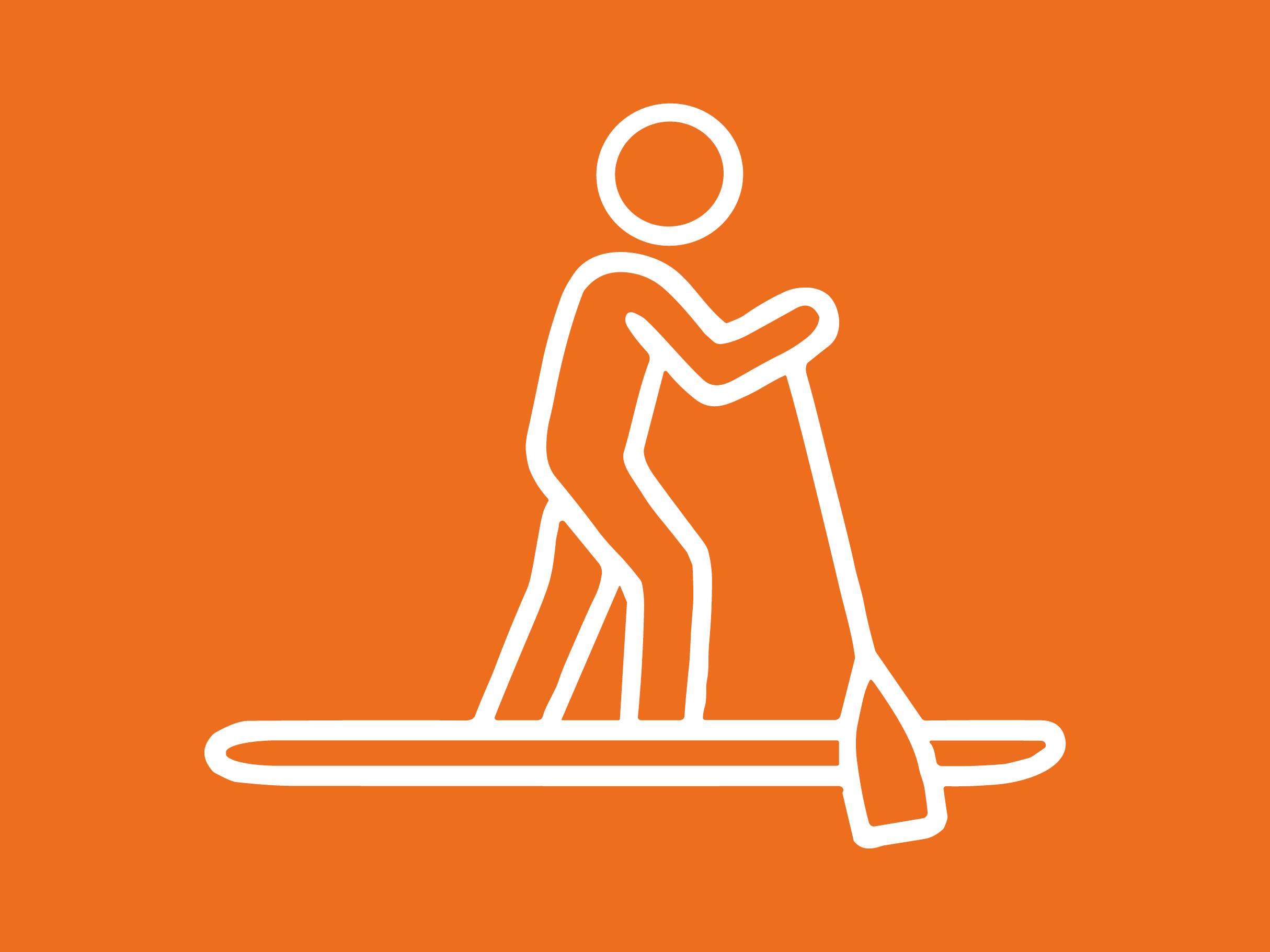 Ikona osebe, ki stoji na deski za veslanje in vesla.