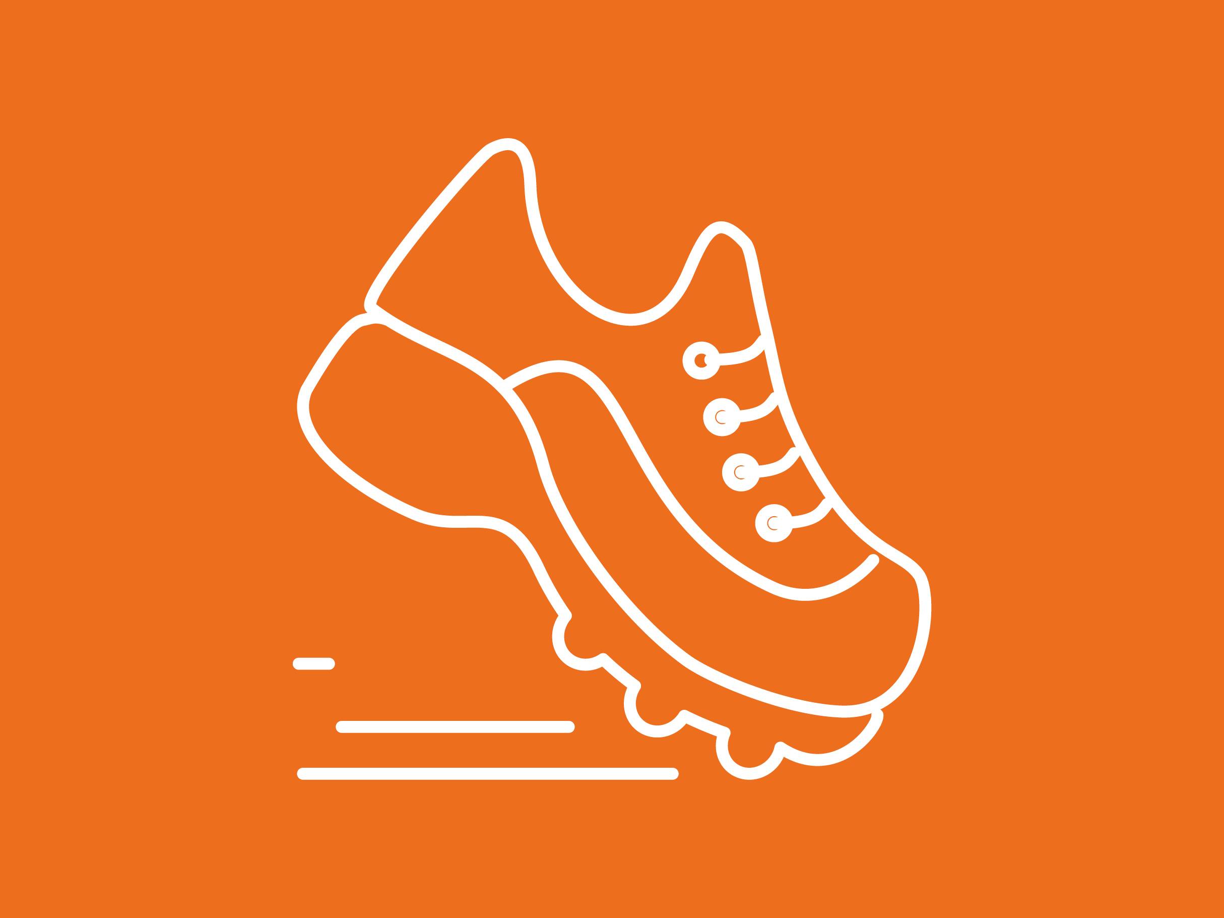 Bela obrisna ikona tekaškega copata na oranžnem ozadju.