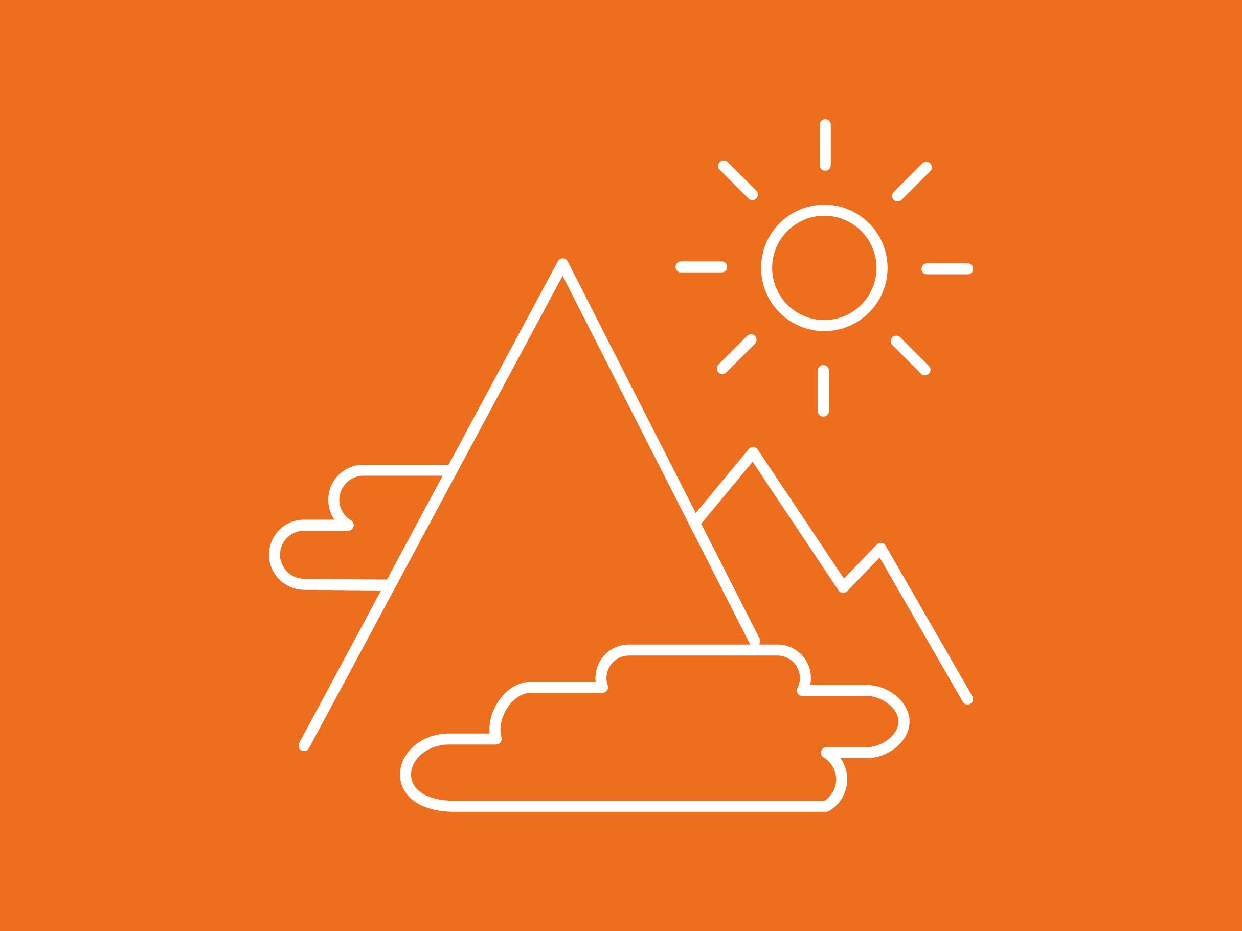 Ikona gora, sonca in oblakov na oranžnem ozadju.