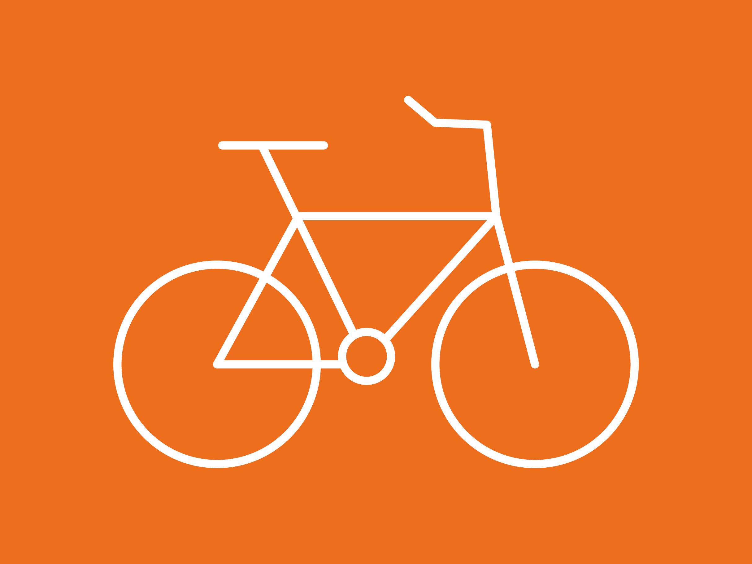 Bela obrisna ikona kolesa na oranžnem ozadju.