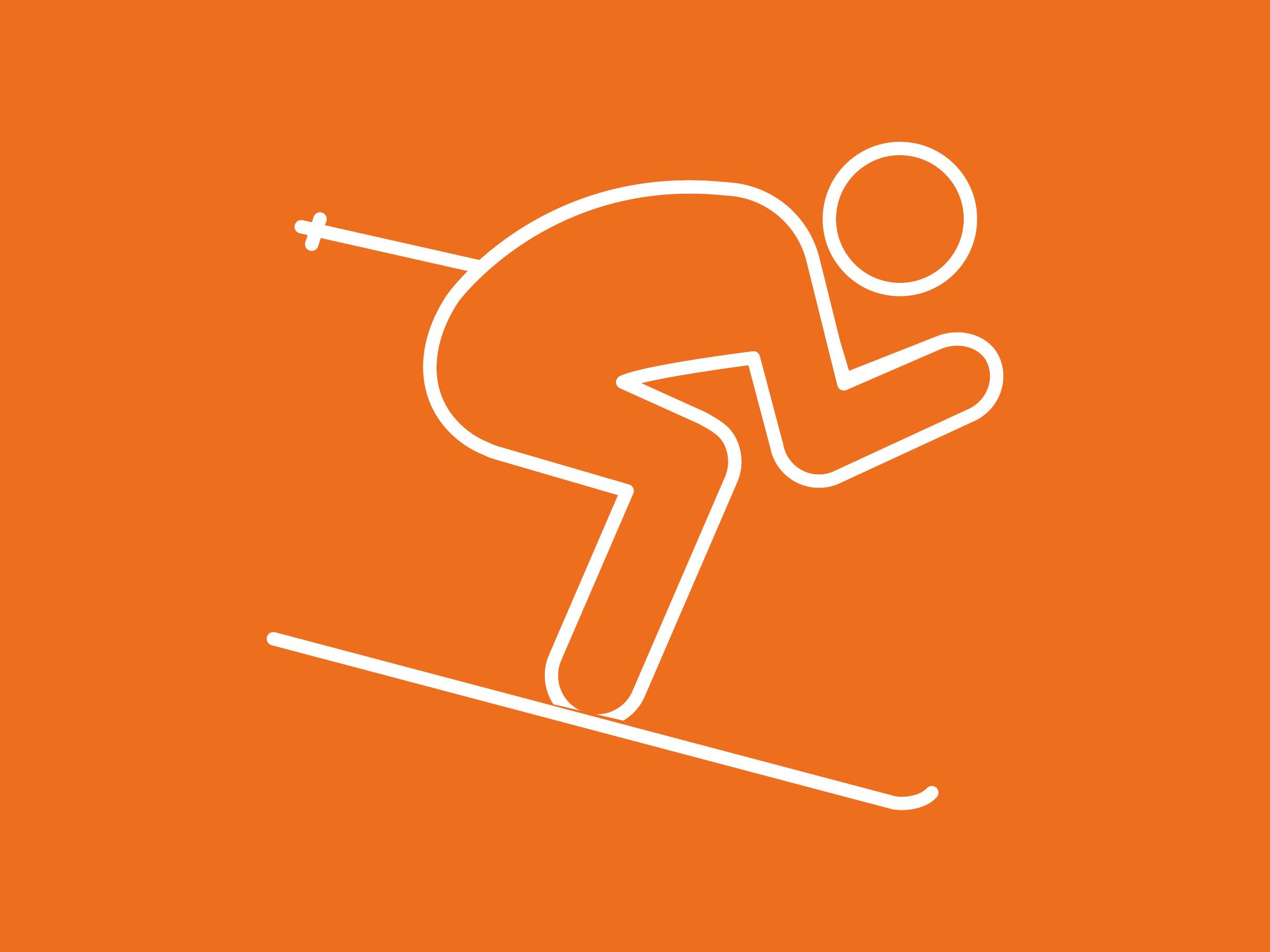 Bela obrisna ikona smučarja na oranžnem ozadju.