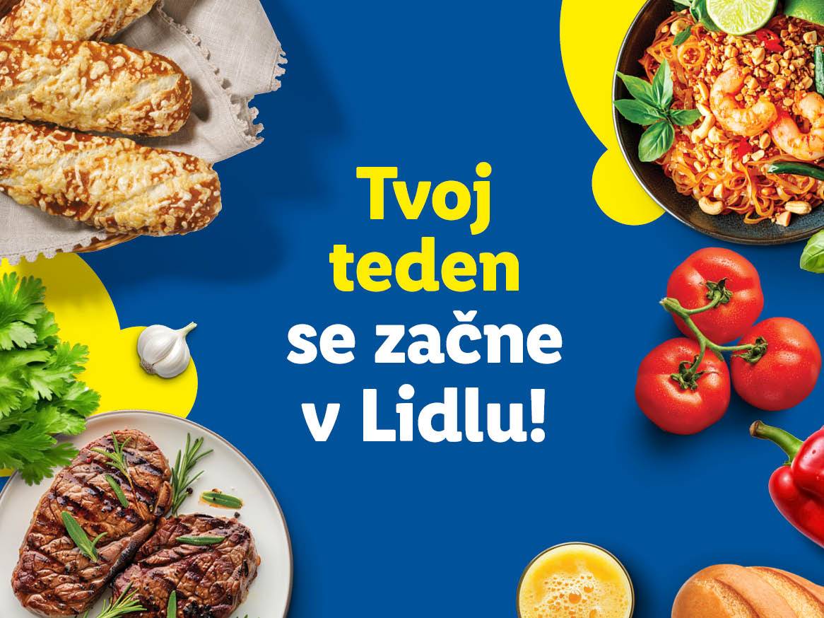 Lidl-ov oglas s hrano: pekovski izdelki, meso, zelenjava, testenine in sok.