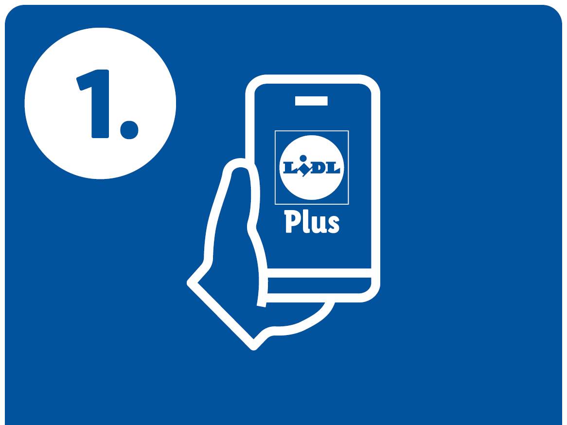 Modra ikona z belo številko 1 in roko, ki drži telefon z aplikacijo Lidl Plus.