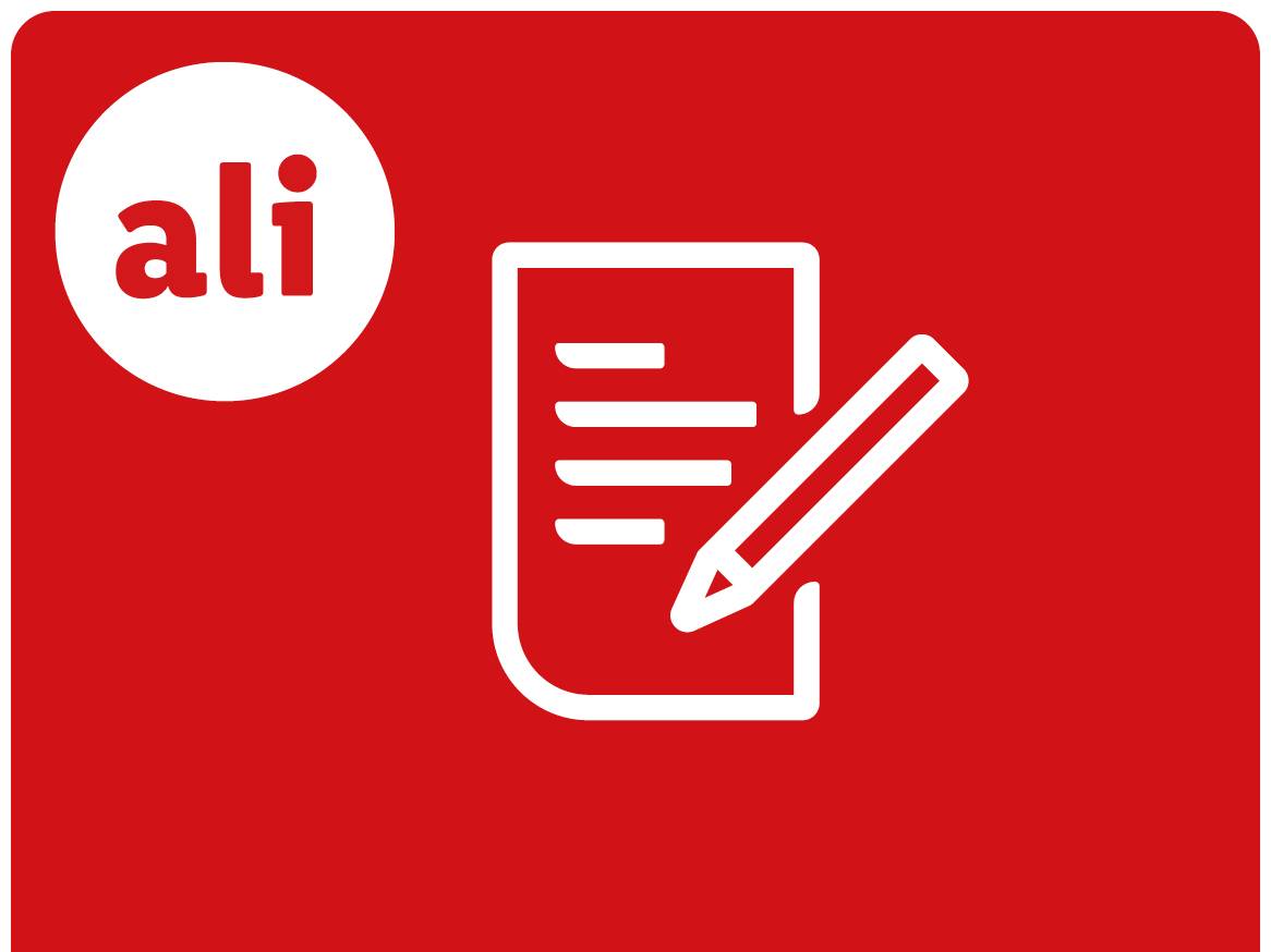 Beli logotip Ali na rdečem ozadju z ikono belega lista in svinčnika.