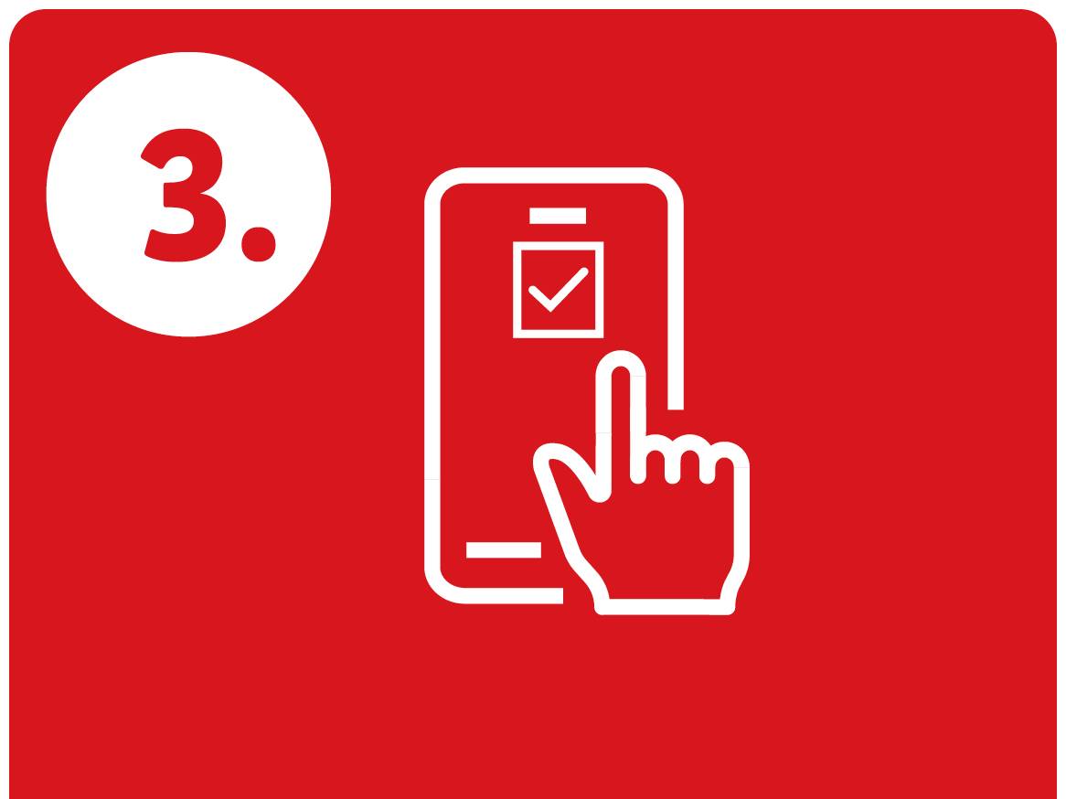 Ikona: številka 3 in roka, ki tapka po zaslonu mobilnega telefona z označeno potrditvijo.