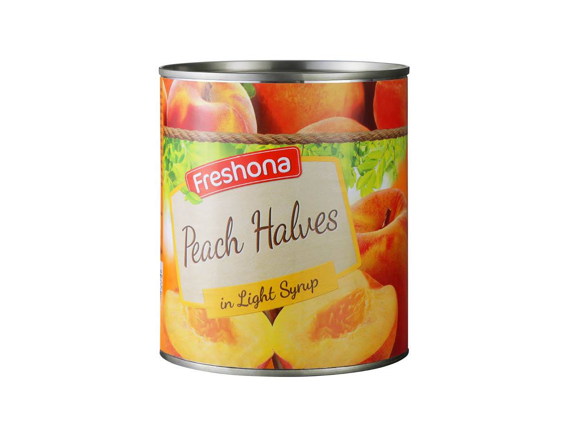 Konzerva breskovih polovičk Fresona v lahkem sirupu.