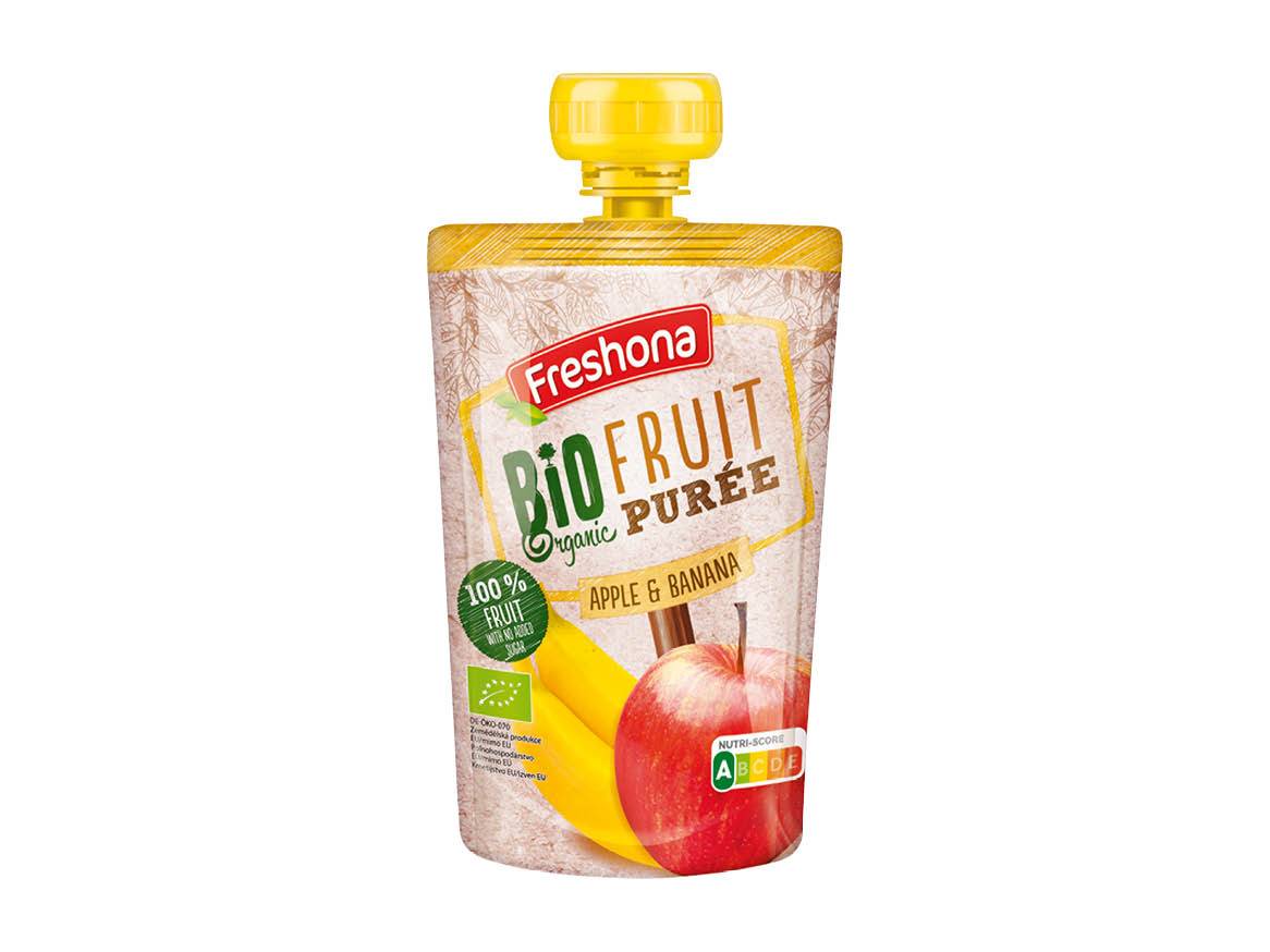 Pakovanje otroške hrane Freshona BioFruit Puree z jabolkom in banano.