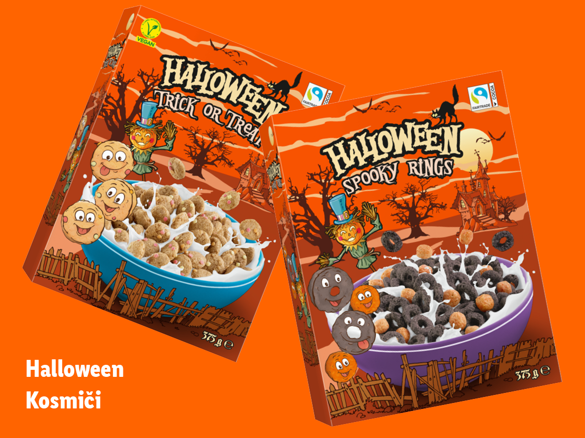 Dve škatli žitaric za noč čarovnic, ena z napisom 'Trick or Treat' in druga 'Spooky Rings'.