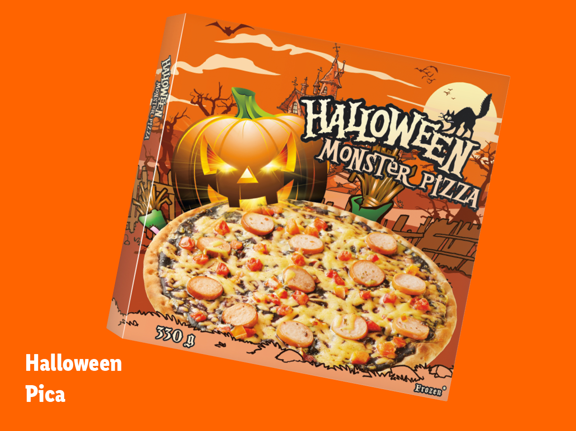 Škatla za pico Halloween Monster Pizza s pizzo s klobasami in paradižnikom.