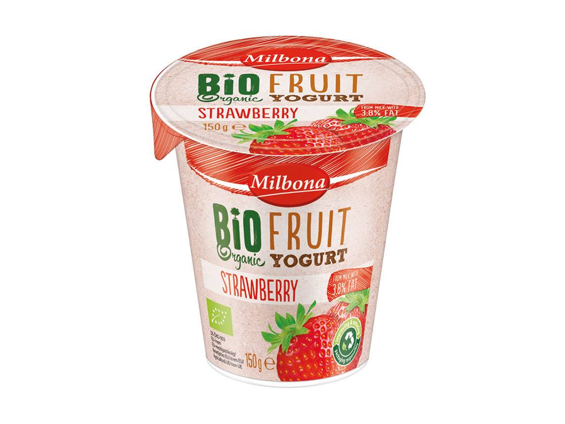 Milbona Bio Fruit jogurt z okusom jagode v plastičnem lončku.