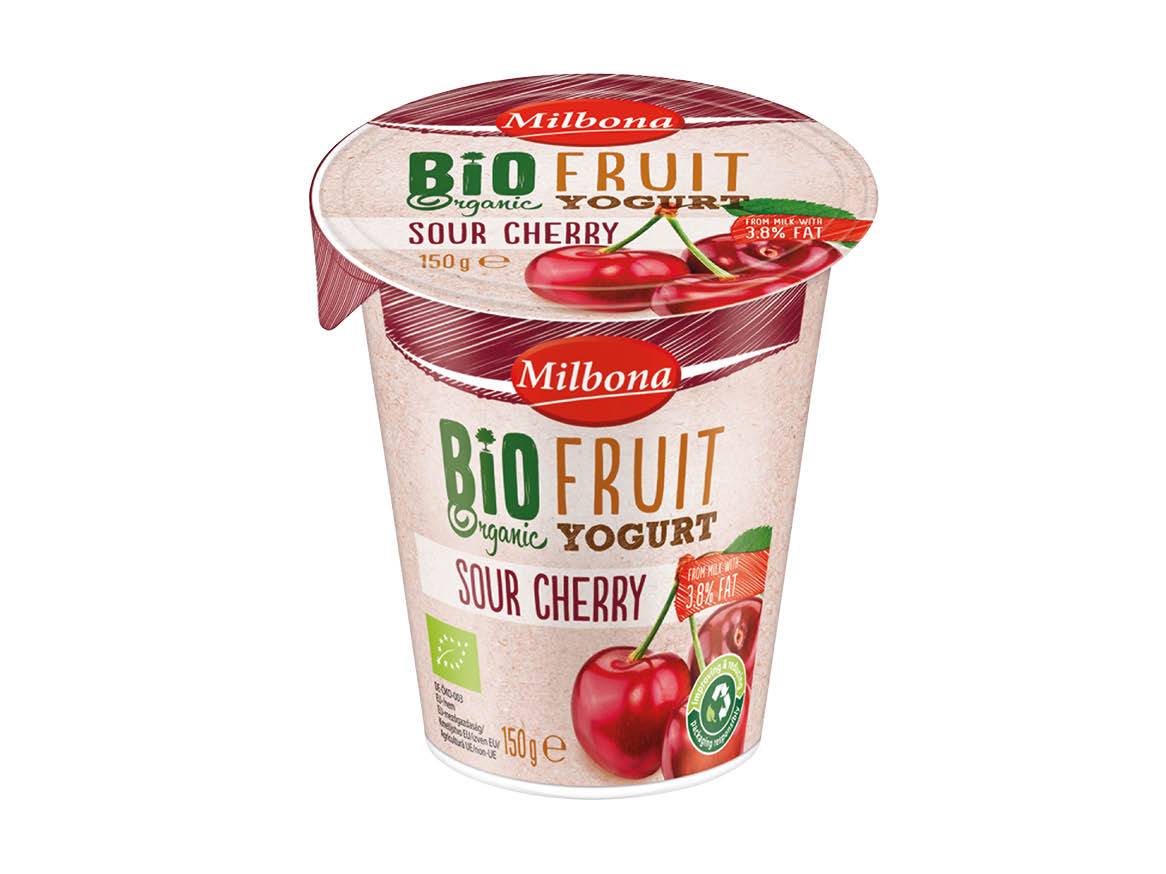 Milbona Bio Fruit jogurt z višnjo v 150g posodici.