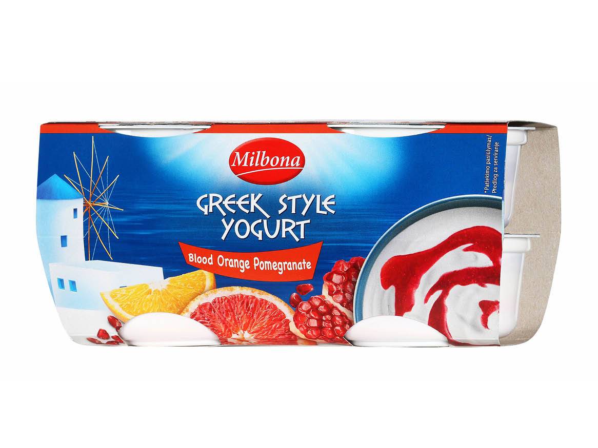 Milbona grški jogurt z okusom krvave pomaranče in granatnega jabolka.