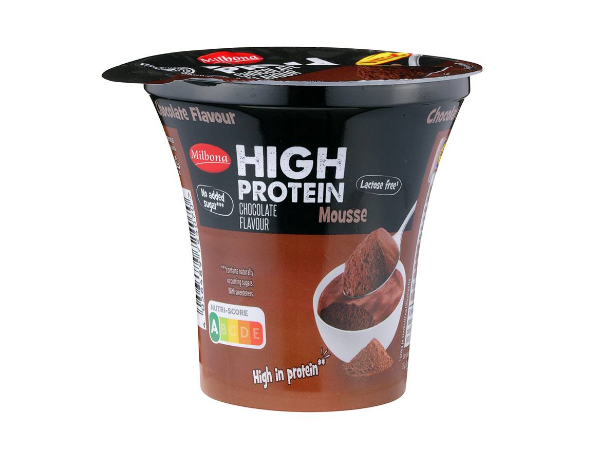 Milbona visokoproteinski čokoladni mousse, brez laktoze.