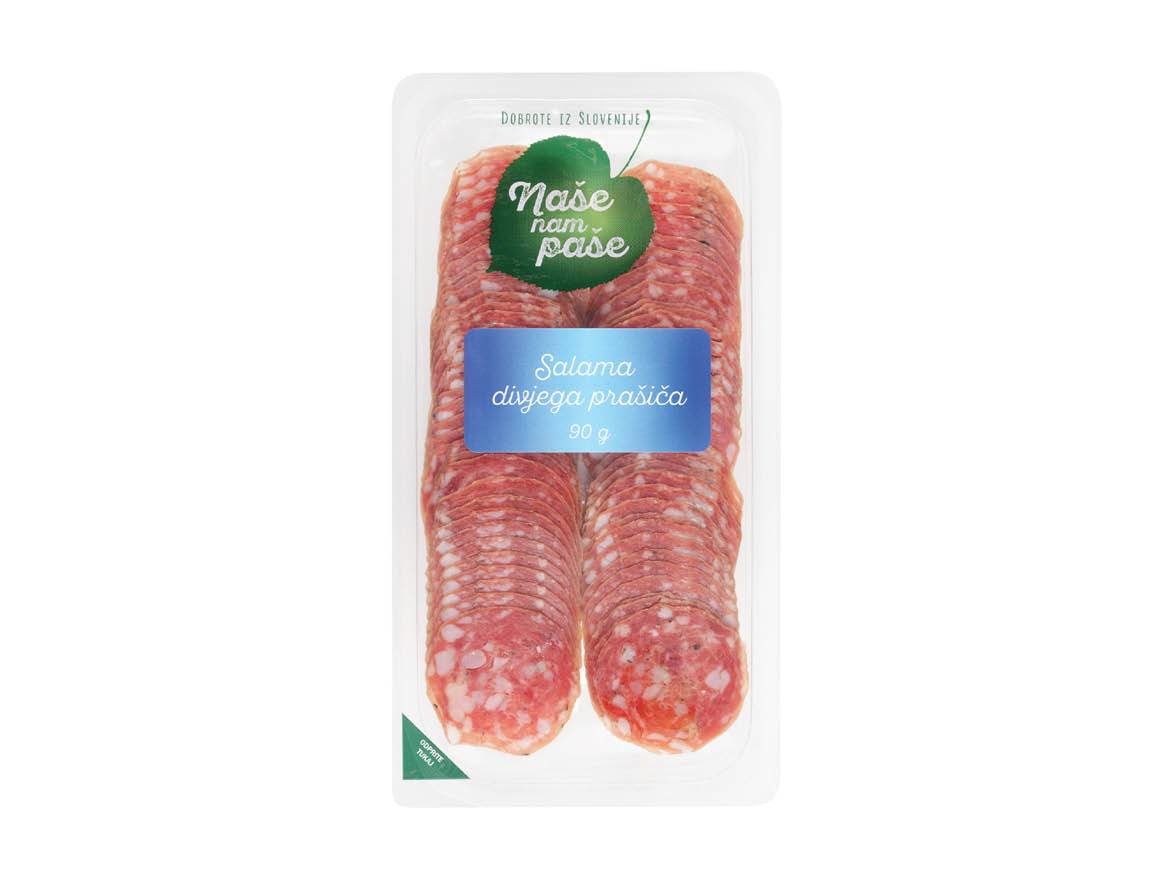 Pakiranje narezano salam dišečega prašiča (90g) blagovne znamke Naše nam paše.