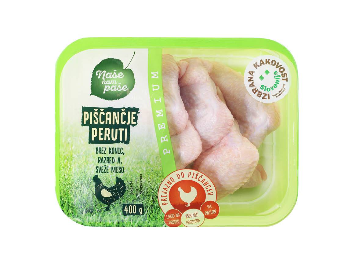Pakiranje 400 g piščančjih perutnic Premium kakovosti.