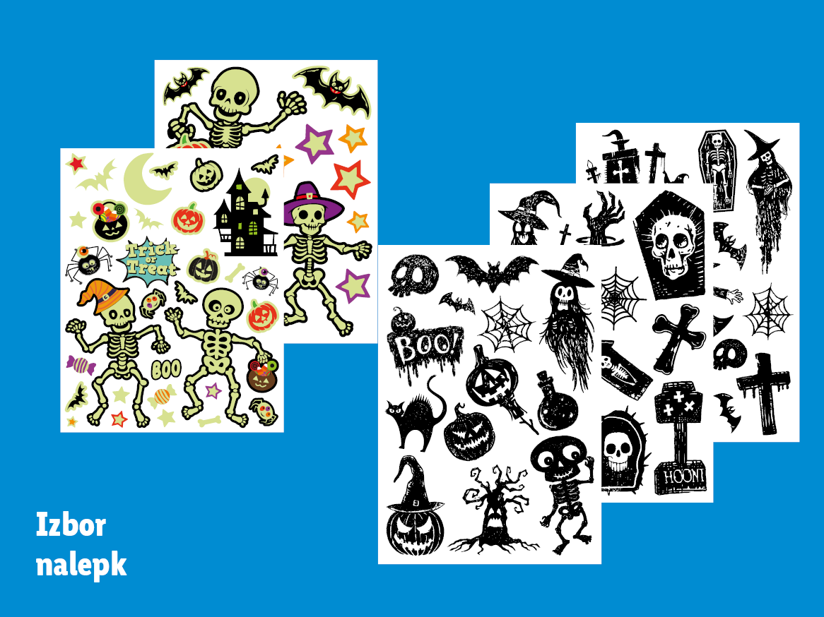 Izbor nalepk za noč čarovnic s skeleti, bučami in netopirji.