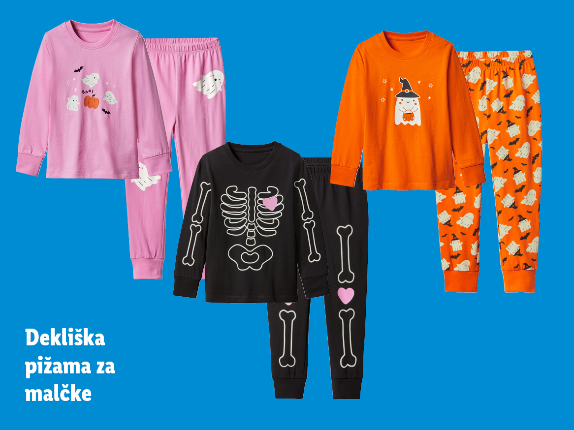 Dekliške pižame za malčke: roza s strašljivimi duhovi, črna s skeletom in oranžna z duhom čarovnikom.