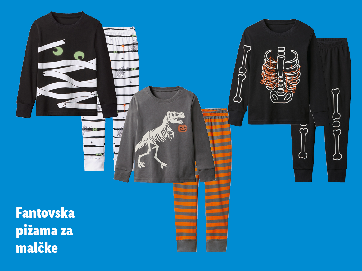 Fantovske pižame za noč čarovnic: mumija, dinozaver in okostnjak.