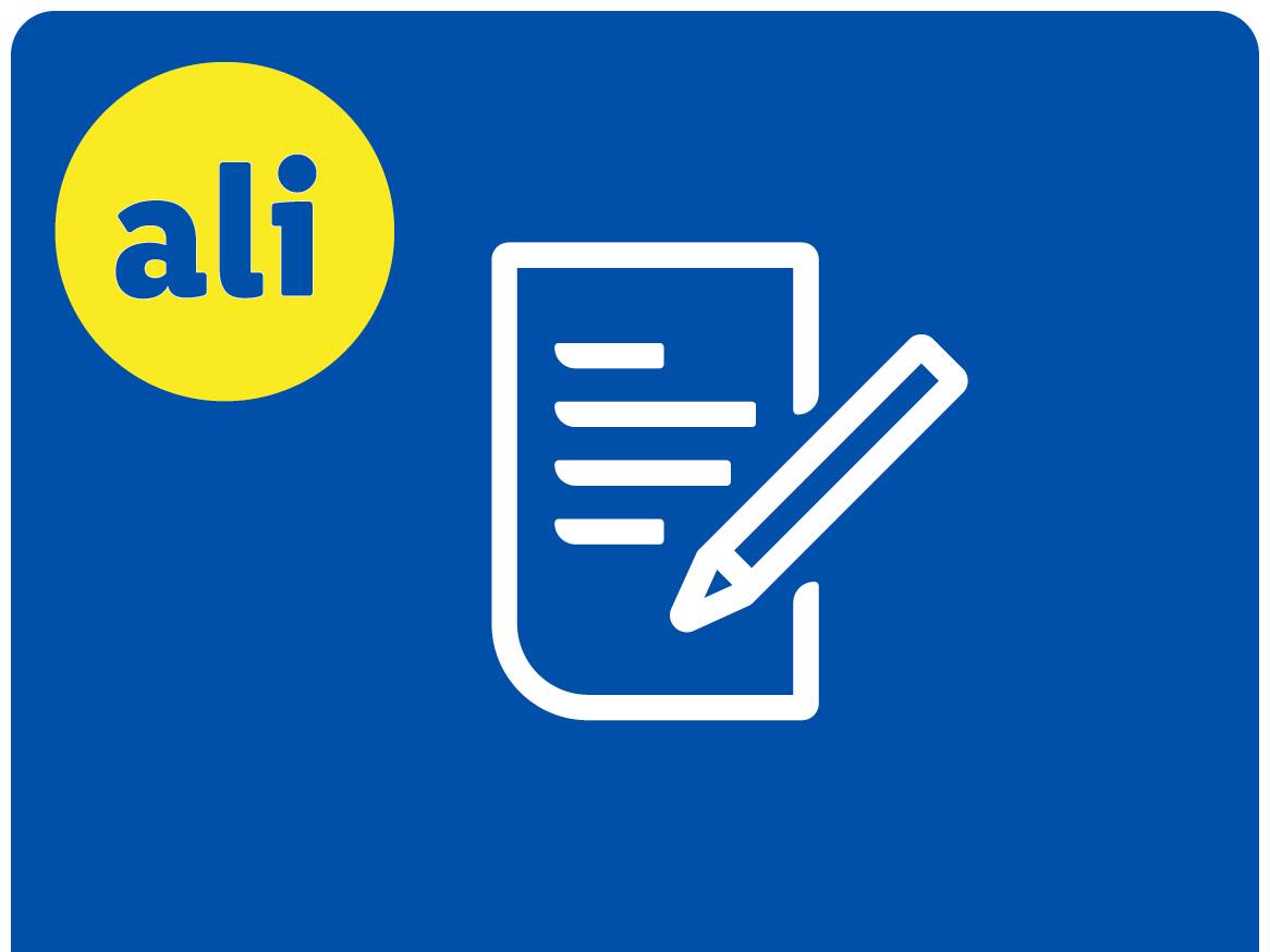 Modra ikona z rumenim krogom z besedo 'ali' in belo ikono dokumenta s svinčnikom.