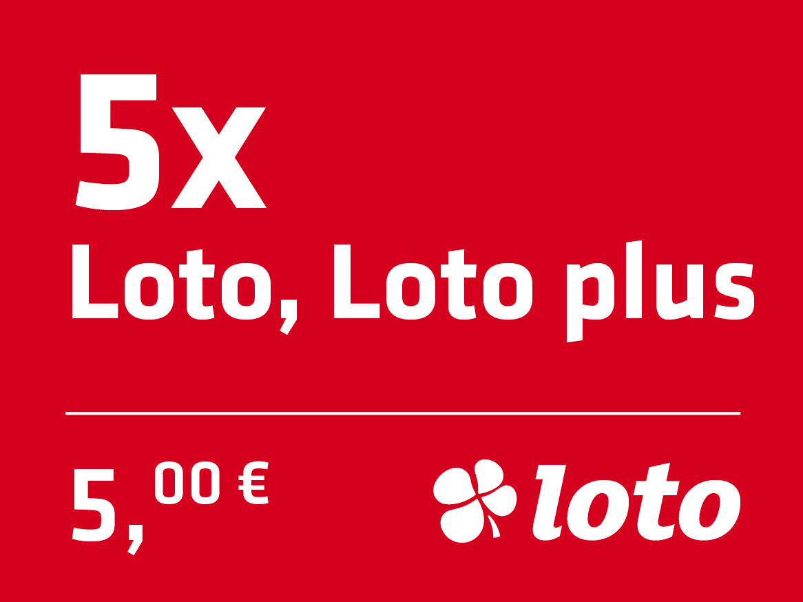 Rdeč plakat z belim besedilom, ki oglašuje 5x Loto in Loto plus za 5,00 €.
