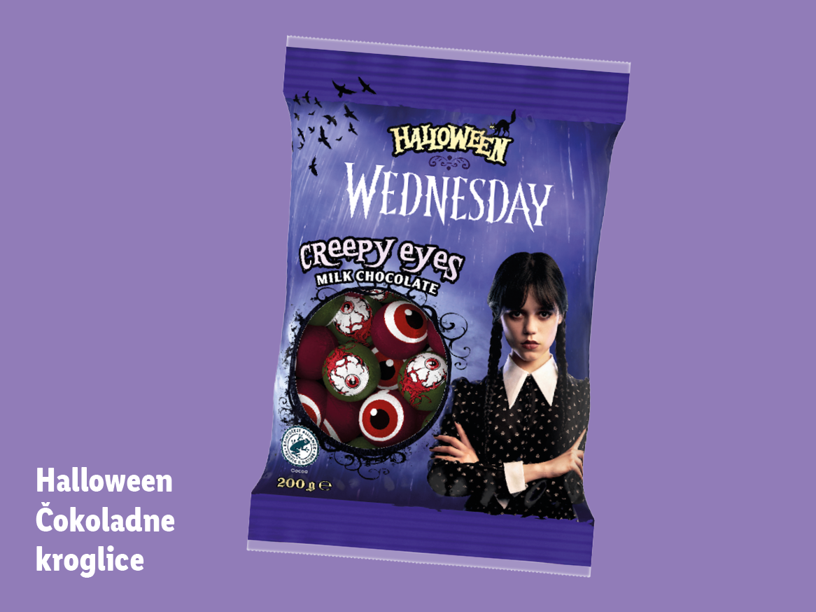Paket čokoladnih kroglic 'Creepy Eyes' z motivom Wednesday Addams za noč čarovnic.