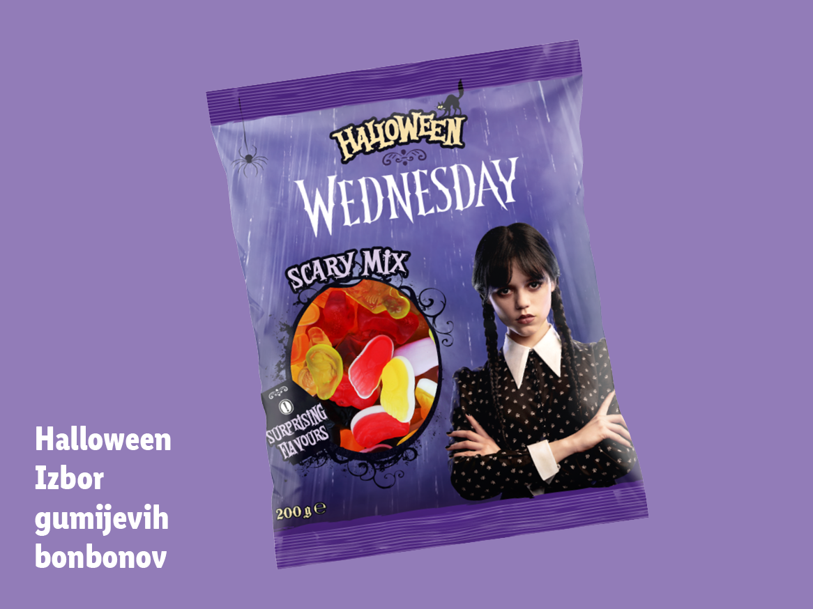 Vrečka gumijastih bonbonov z motivom Wednesday Addams in napisom 'Scary Mix'.