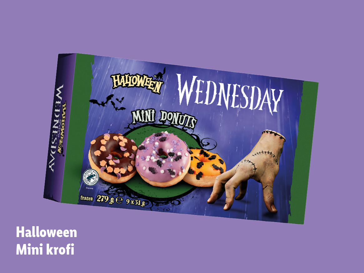 Škatla mini krofov za noč čarovnic z napisom 'Wednesday' in roko, ki spominja na Stvar.