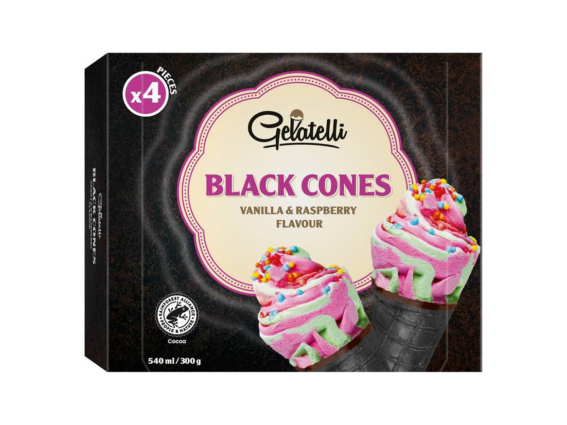 Gelatelli črni korneti z okusom vanilije in maline.