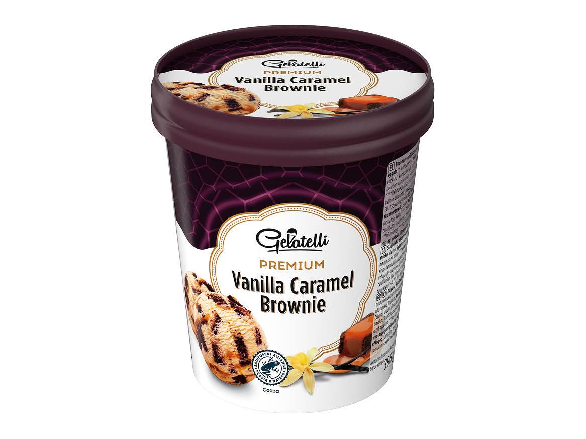 Gelatelli Premium sladoled z okusom vanilije, karamele in brownijev.